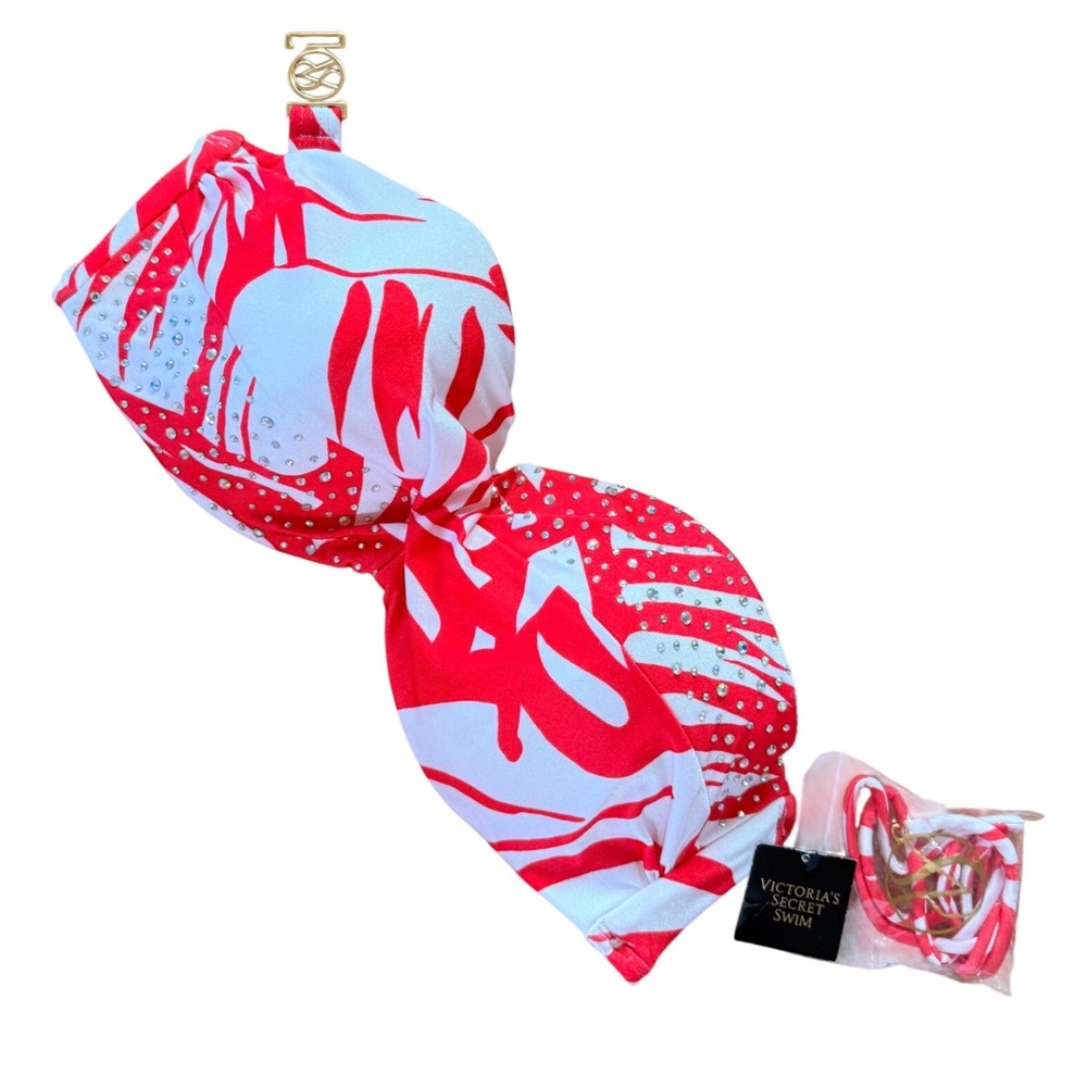 NWT Victoria's Secret Swim Red White Tropical Rhinestone Bandeau Bikini‎ top
